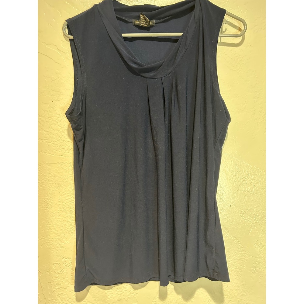 Susan Lawrence Navy Blue Cowl Neck Pleated‎ Sleeveless Blouse Top XL 84417